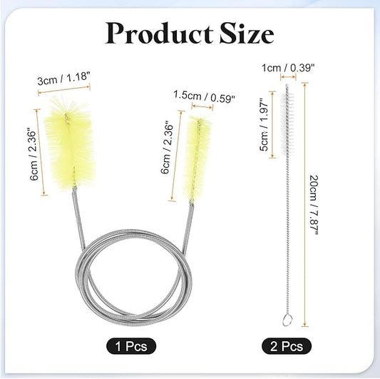 HARFINGTON 3pcs Flexible Long Drain Brush Straw Cleaner Set 35.4" Stainless Steel Double Ended Hose Brush with 8" Nylon Long Tube Pipe Cleaning for Fish Tank Sink Pipe, Yellow