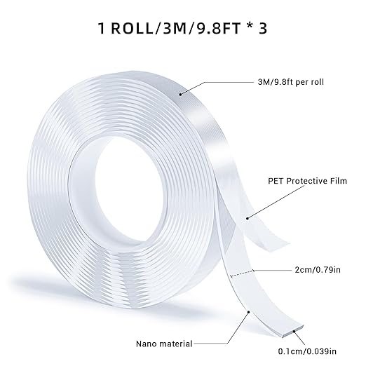 Double Sided Tape, Nano Tape, Transparent Adhesive Tape, Traceless Adhesive Tape, Removable, Washable, Reusable, Suitable for Carpets, Photo Walls, 3m Per Roll, 3 Rolls