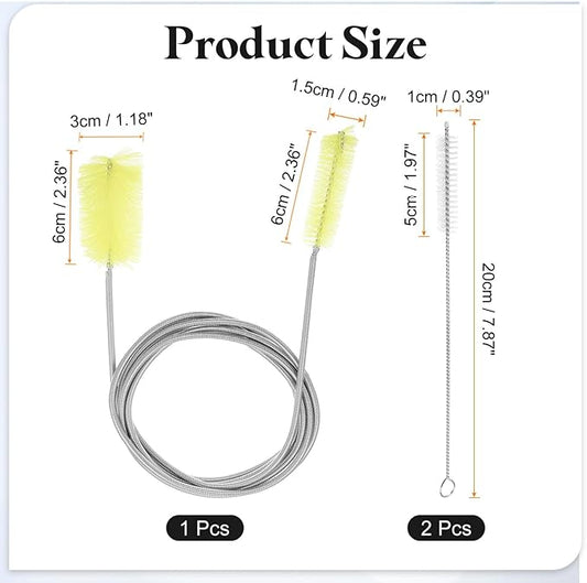 HARFINGTON 3pcs Flexible Long Drain Brush Straw Cleaner Set 78.74" Stainless Steel Double Ended Hose Brush with 8" Nylon Long Tube Pipe Cleaning for Fish Tank Sink Pipe, Yellow