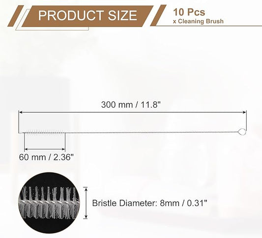 HARFINGTON Straw Cleaner Brush Set, 12 Inch Length 304 Stainless Steel and Nylon Bristles for Water Bottle Silicone Straw Sippy Cup Pipes, White (8mm OD, 10-Piece-Set)