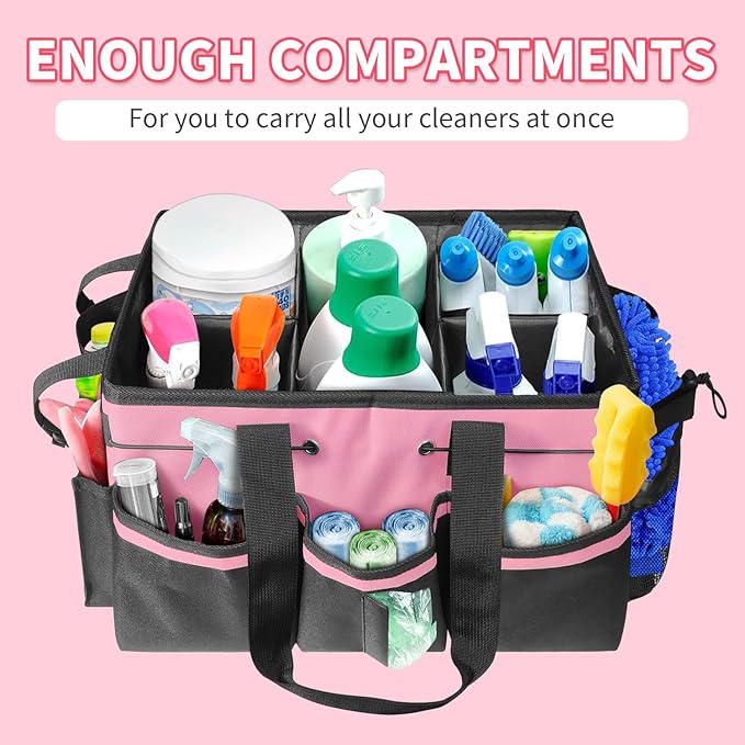 Cleaning Caddy Tote with Removable Dividers - 17.8x12.2x9.3in Waterproof Tool Organizer Bag with Handles & Adjustable Shoulder Strap for Housekeepers, Cleaners & Car Detailing Supplies (Pink)