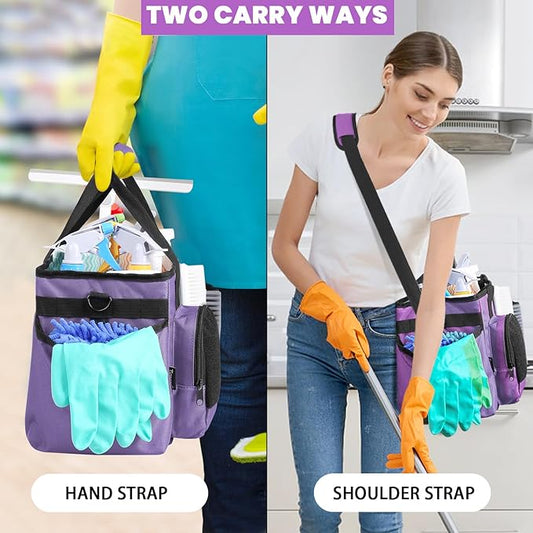 Wearable Cleaning Caddy Bag, Cleaning Organizer with Handles, Cleaning Supply Tote with Adjustable Shoulder Strap for Cleaners & Housekeeper (Purple, 13.4'' x 7.3'' x 9.3'')