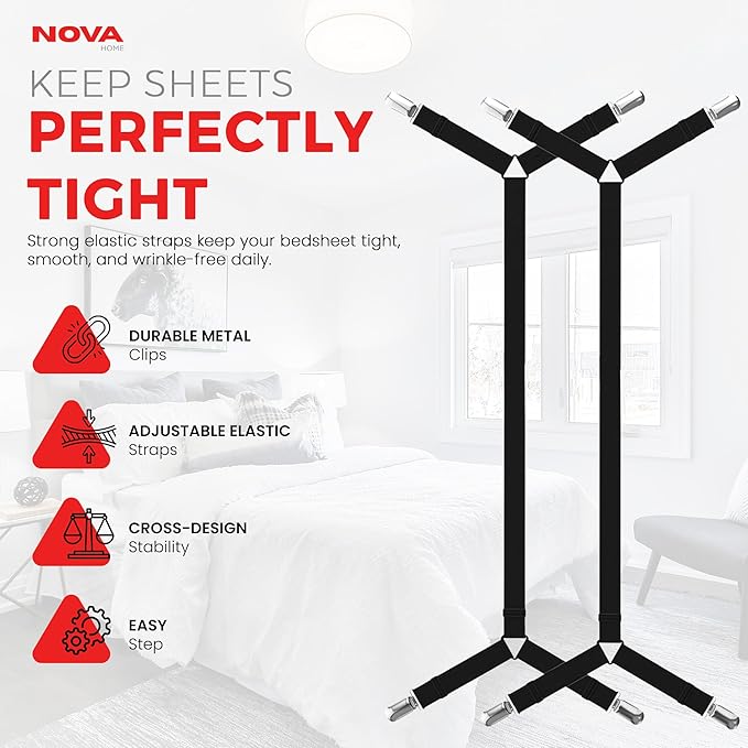 Bed Sheet Holder Straps – Adjustable Elastic Sheet Clips with Nickel Clamps & Fabric Protectors, Crisscross Design Keeps Sheets Tight – Fits All Mattress Sizes, 2pcs Set, Black