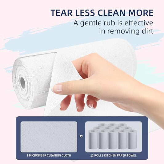 & PLUSH Microfiber Cleaning Cloth Roll - 100 Pack, Tear Away Microfiber Towels, 12" x 12", Reusable, Washable, Streak Free, Ultra Absorbent Dish Rags for Car, Home, Garage or Shop (White)
