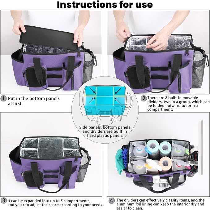 Wearable Cleaning Caddy Bag, Cleaning Organizer with Handles, Cleaning Supply Tote with Adjustable Shoulder Strap for Cleaners & Housekeeper (Purple, 13.4'' x 7.3'' x 9.3'')