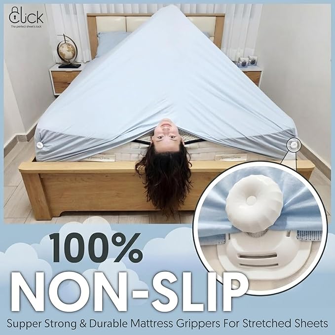 Click Sheet Holders for Adjustable Bed 4 Bedsheet Gripper Clips 2 Mattress Straps to Hold Sheets in Place, Heavy Duty Bed Sheet Fasteners for Twin, Queen & Split King, No-Slip Memory Foam Bed Lock