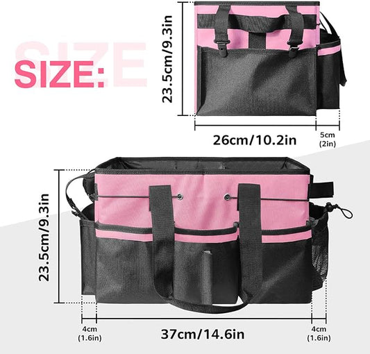 Cleaning Caddy Tote with Removable Dividers - 17.8x12.2x9.3in Waterproof Tool Organizer Bag with Handles & Adjustable Shoulder Strap for Housekeepers, Cleaners & Car Detailing Supplies (Pink)