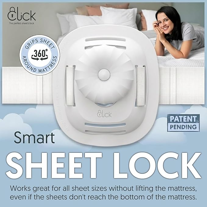 CLICK Sheet Holders 360° Heavy Duty Bedlock Set of 4 Sheet Clips Keeping Sheets in Place, No Lift Mattress Sheet Locks & Strap for Bedding, Bedsheet Fasteners Sheet Stays on King, Queen & Twin XL Beds