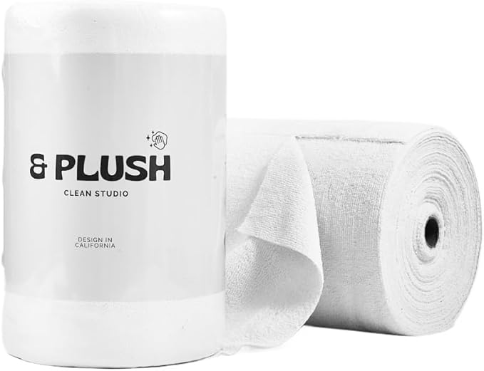 & PLUSH Microfiber Cleaning Cloth Roll - 50 Pack, Tear Away Microfiber Towels, 12" x 12", Reusable, Washable, Streak Free, Ultra Absorbent Dish Rags for Car, Home, Garage or Shop (White)