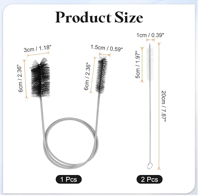 HARFINGTON 3pcs Flexible Long Drain Brush Straw Cleaner Set 35.43" Stainless Steel Double Ended Hose Brush with 8" Nylon Long Tube Pipe Cleaning for Fish Tank Sink Pipe, Black