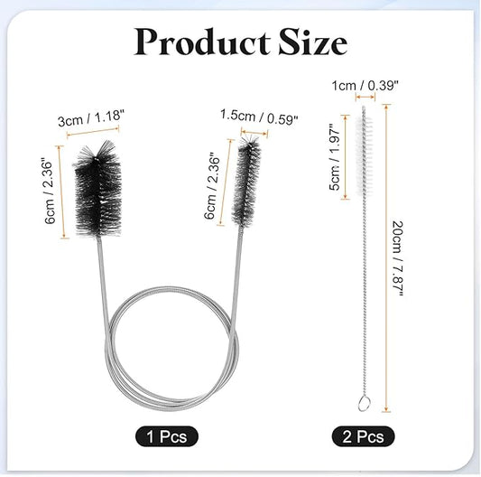 HARFINGTON 3pcs Flexible Long Drain Brush Straw Cleaner Set 35.43" Stainless Steel Double Ended Hose Brush with 8" Nylon Long Tube Pipe Cleaning for Fish Tank Sink Pipe, Black