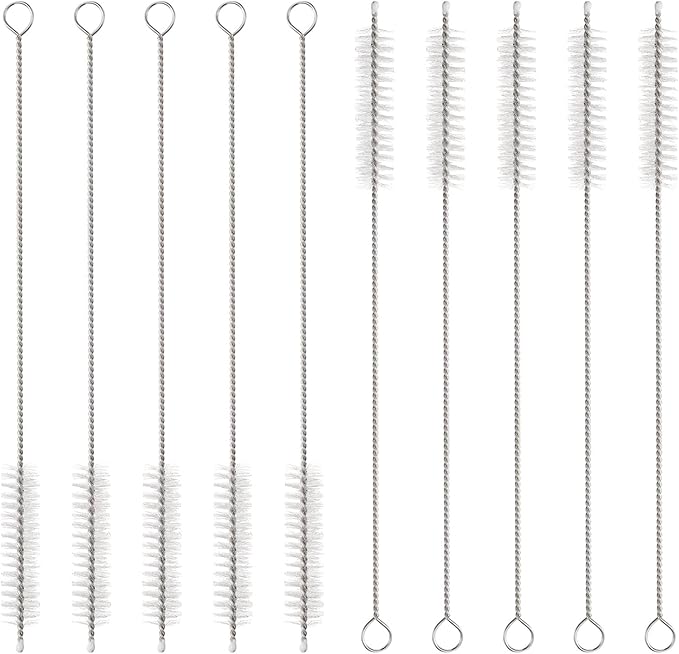 HARFINGTON Straw Cleaner Brush Set, 8 Inch Length 304 Stainless Steel and Nylon Bristles for Water Bottle Silicone Straw Sippy Cup Pipes, White (12mm OD, 10-Piece-Set)