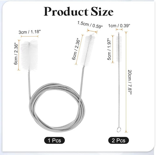 HARFINGTON 3pcs Flexible Long Drain Brush Straw Cleaner Set 78.74" Stainless Steel Double Ended Hose Brush with 8" Nylon Long Tube Pipe Cleaning for Fish Tank Sink Pipe, White