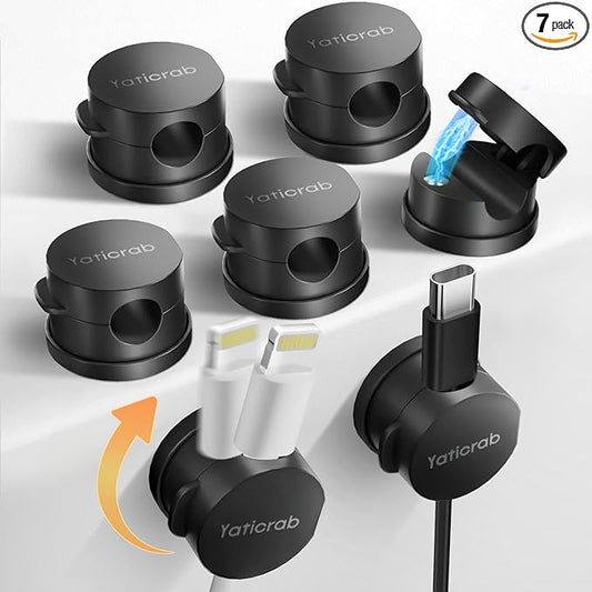 Magnetic Cord Holder for Desk & Nightstand, 7-Pack 360° Rotatable Cable Clips Organizer, Strong Adhesive, Fits 8mm Slots for Phone Charger Cords & Wires, Black