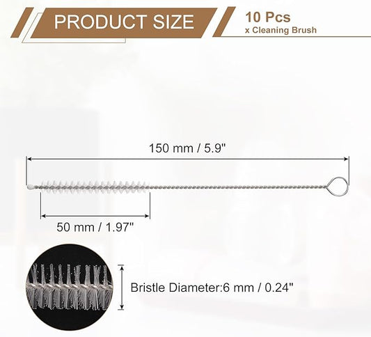 HARFINGTON Straw Cleaner Brush Set, 6 Inch Length 304 Stainless Steel and Nylon Bristles for Water Bottle Silicone Straw Sippy Cup Pipes, White (6mm OD, 10-Piece-Set)