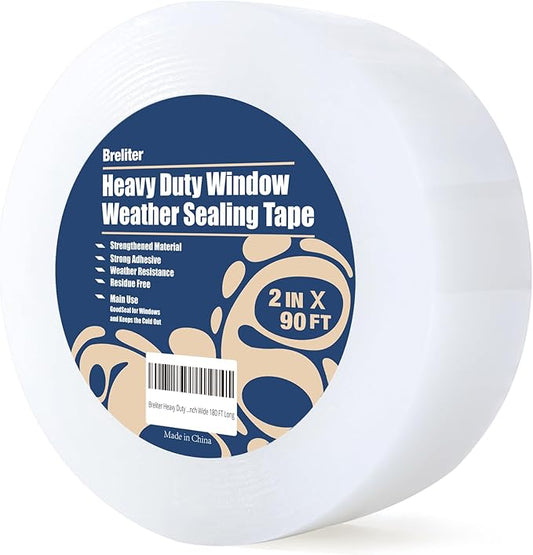 Heavy Duty Window Weather Sealing Tape - Transparent Window Tape for Winter and AC Insulation, No Mess Winter Window Seal Kit - 2 Inch Wide 90 FT Long