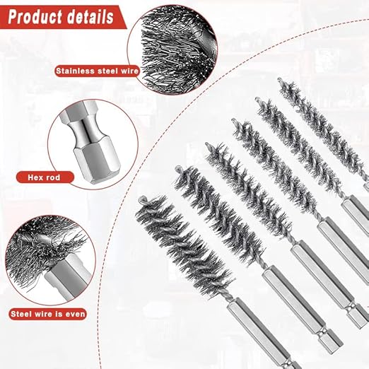 6 Pieces Stainless Steel Bore Brush in Different Sizes + 15 Pcs Cleaning Needles Nylon Brushes Tools, Twisted Wire Brush with Handle 1/4 Inch Hex Shank Attachment Drill Set for Tubes Ports Bearings