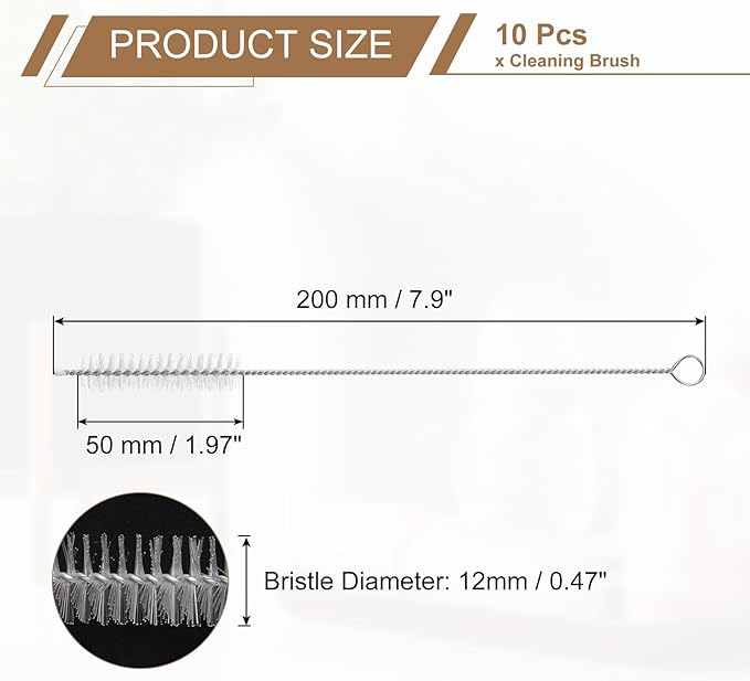 HARFINGTON Straw Cleaner Brush Set, 8 Inch Length 304 Stainless Steel and Nylon Bristles for Water Bottle Silicone Straw Sippy Cup Pipes, White (12mm OD, 10-Piece-Set)