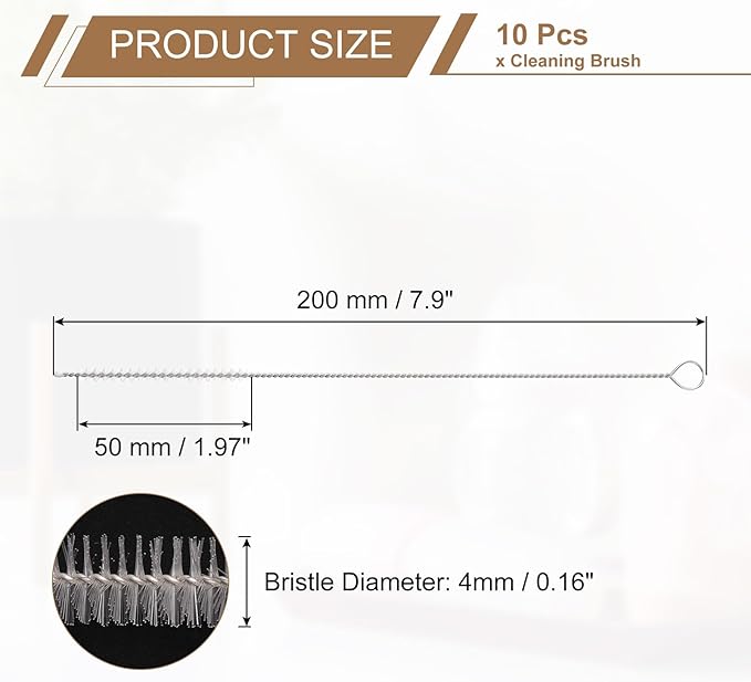 HARFINGTON Straw Cleaner Brush Set, 8 Inch Length 304 Stainless Steel and Nylon Bristles for Water Bottle Silicone Straw Sippy Cup Pipes, White (4mm OD, 10-Piece-Set)