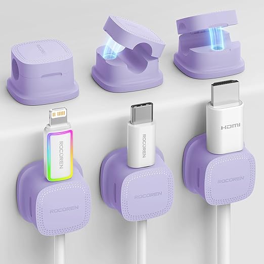 6 Pack Cable Management Cord Organizer, Magnetic Cable Clips-1s Lock, Rocoren Desk Adhesive Cord Cable Clip Wire Holder Keeper for Phone Charger Wire, Nightstand, Car, Office, Desktop Accessory,Purple