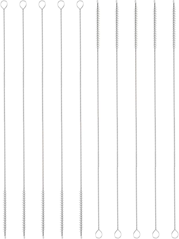 HARFINGTON Straw Cleaner Brush Set, 12 Inch Length 304 Stainless Steel and Nylon Bristles for Water Bottle Silicone Straw Sippy Cup Pipes, White (5mm OD, 10-Piece-Set)
