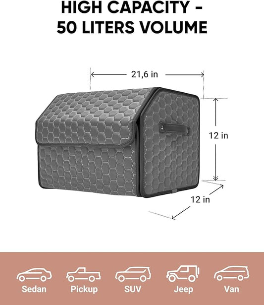 Owleys Foldable Trunk Organizer For Car - Trunk Organizers Car Storage - Collapsible Auto Trunk Organizer With Lid - Small And Large Cargo Organizer - Trunk Organization (Gray 21)