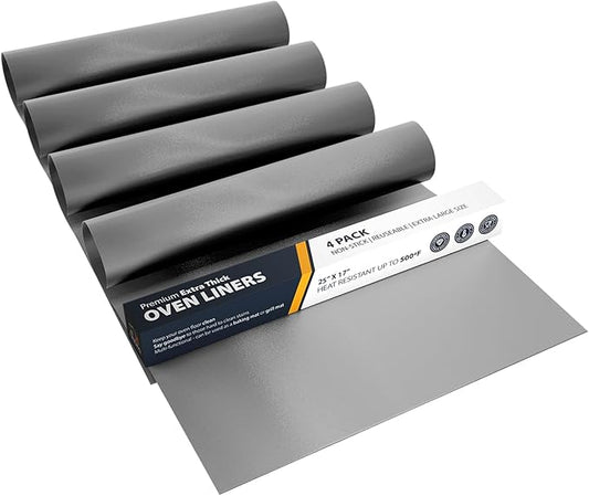 Oven Liners for Bottom of Oven - 4 Pack Large Heavy Duty Mats, 17”x25” Non-Stick Reusable Liner for Electric, Gas, Toasters, Grills - BPA & PFOA Free Kitchen Accessory to Keep It Clean (Silver)