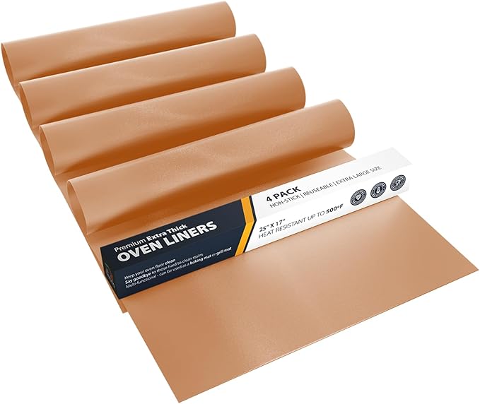 Oven Liners for Bottom of Oven - 4 Pack Large Heavy Duty Mats, 17”x25” Non-Stick Reusable Liner for Electric, Gas, Toasters, Grills - BPA & PFOA Free Kitchen Accessory to Keep It Clean (Copper)