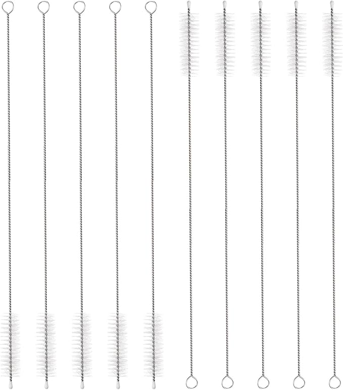 HARFINGTON Straw Cleaner Brush Set, 12 Inch Length 304 Stainless Steel and Nylon Bristles for Water Bottle Silicone Straw Sippy Cup Pipes, White (15mm OD, 10-Piece-Set)