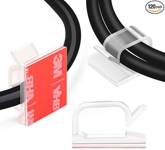 120PCS XHF Adhesive Cable Wire Clips Clear, Outdoor Christmas Light Clips, Cable Holder Staples Cable Management Wire Organizer Cord for Under Desk, Car, Wall, TV PC Ethernet Cable