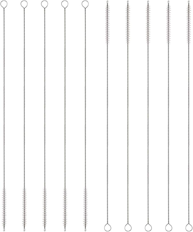 HARFINGTON Straw Cleaner Brush Set, 12 Inch Length 304 Stainless Steel and Nylon Bristles for Water Bottle Silicone Straw Sippy Cup Pipes, White (6mm OD, 10-Piece-Set)