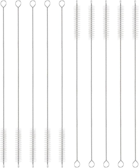 HARFINGTON Straw Cleaner Brush Set, 10 Inch Length 304 Stainless Steel and Nylon Bristles for Water Bottle Silicone Straw Sippy Cup Pipes, White (10mm OD, 10-Piece-Set)