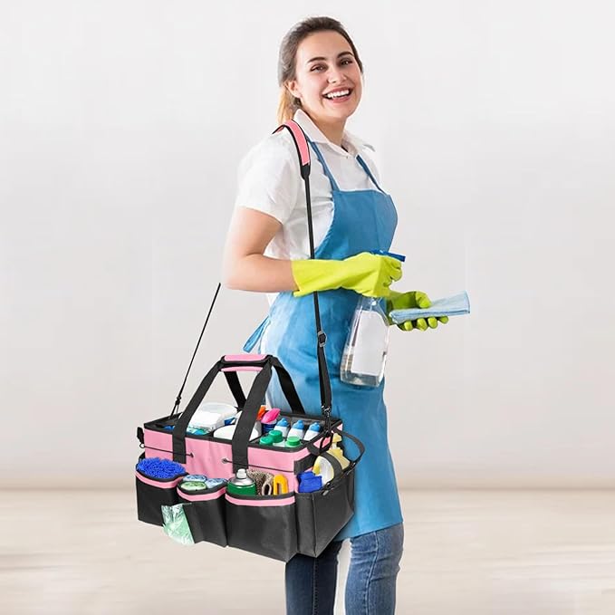 Grekos Wearable Cleaning Caddy Bag, Cleaning Caddy Suppliers Organizer with 4 Foldable Dividers, Handle & Shoulder Straps Cleaning Tool Organizers for Cleaners & Housekeeper (Pink)