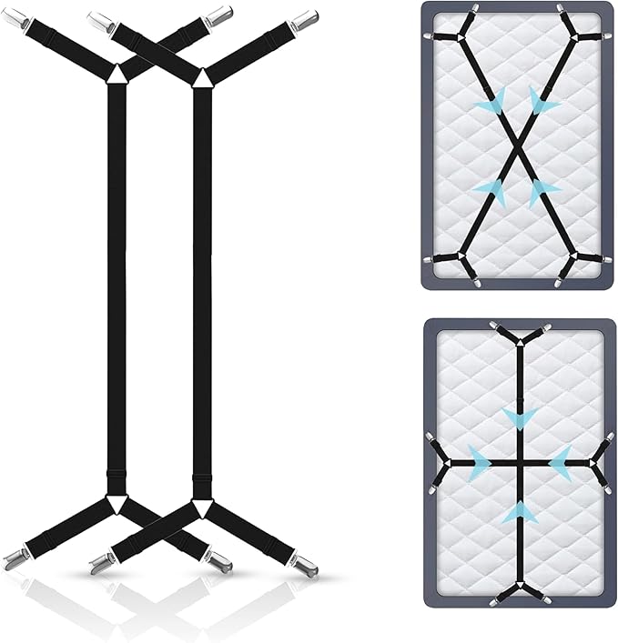Bed Sheet Holder Straps – Adjustable Elastic Sheet Clips with Nickel Clamps & Fabric Protectors, Crisscross Design Keeps Sheets Tight – Fits All Mattress Sizes, 2pcs Set, Black