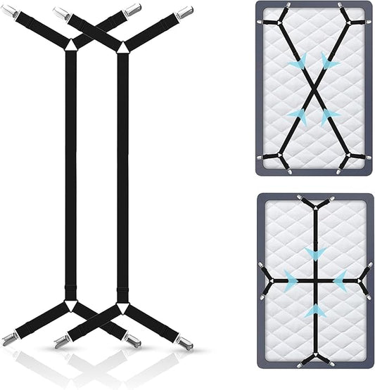 Bed Sheet Holder Straps – Adjustable Elastic Sheet Clips with Nickel Clamps & Fabric Protectors, Crisscross Design Keeps Sheets Tight – Fits All Mattress Sizes, 2pcs Set, Black