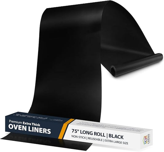 Oven Liners for Bottom of Oven - Large Heavy Duty Mats, 17” x 75” Non-Stick Reusable Liner for Electric, Gas, Toasters, Grills - BPA & PFOA Free Kitchen Accessory to Keep It Clean (Black)