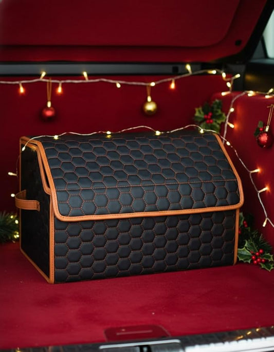 Owleys Sedan Trunk Organizer 17.7" Storage Tote For Groceries, Tools & Travel Gear - Foldable Eco-Leather Car Crate With Magnetic Lid | Stylish Presents For Drivers | Black-Brown (Hexy 17)