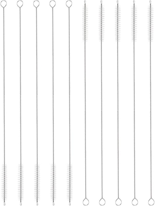 HARFINGTON Straw Cleaner Brush Set, 12 Inch Length 304 Stainless Steel and Nylon Bristles for Water Bottle Silicone Straw Sippy Cup Pipes, White (8mm OD, 10-Piece-Set)