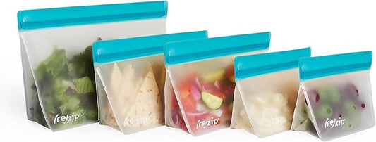 (re) zip 5-Piece Stand-Up Pack n Go Reusable Bag Kit, BPA-Free, Food Grade, Leakproof, Freezer and Dishwasher Safe, Quart (1), 2-Cup (2), Snack (2) - Aqua