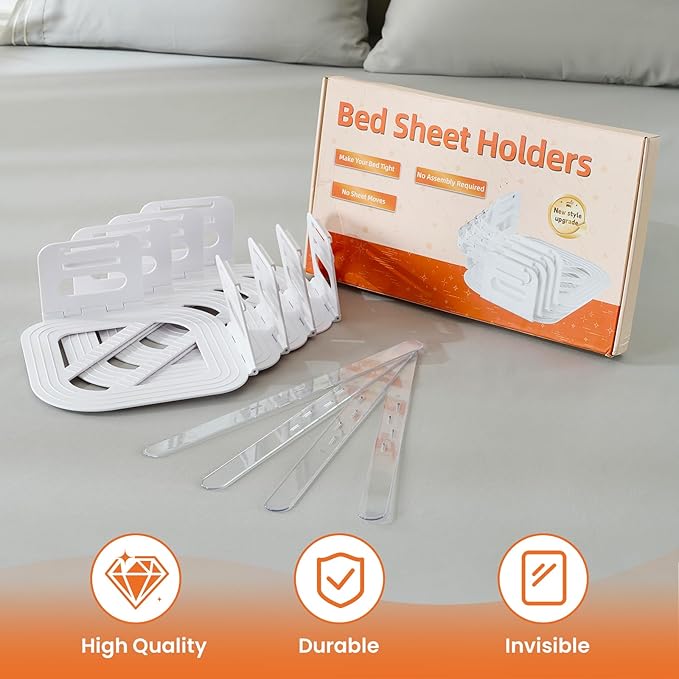 Bed Sheet Holders with Lock Strips, Easy Installation Fit All Beds, Fitted Sheet Holders Keep Your Sheet Firm and Tight, Durable Material