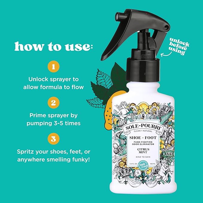 Sole-Pourri Shoe Deodorizer + Foot Spray, 3.4 Fl Oz, Up to 150 Uses, Funk-Fighting Odor Freshener with Essential Oils, for Smelly Shoes, Feet & Gym Bags, Citrus & Mint Scent