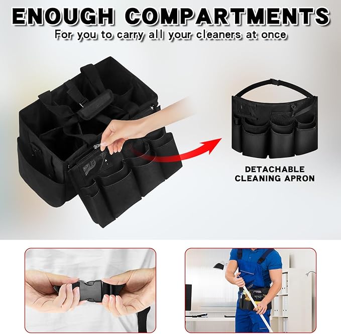 Grekos Wearable Cleaning Caddy Bag, Cleaning Caddy Suppliers Organizer with 4 Foldable Dividers, Handle & Shoulder Straps Cleaning Tool Organizers for Cleaners & Housekeeper (Black)