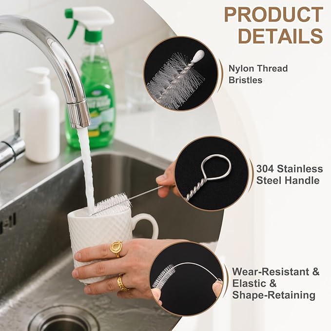 HARFINGTON Straw Cleaner Brush Set, 12 Inch Length 304 Stainless Steel and Nylon Bristles for Water Bottle Silicone Straw Sippy Cup Pipes, White (15mm OD, 10-Piece-Set)