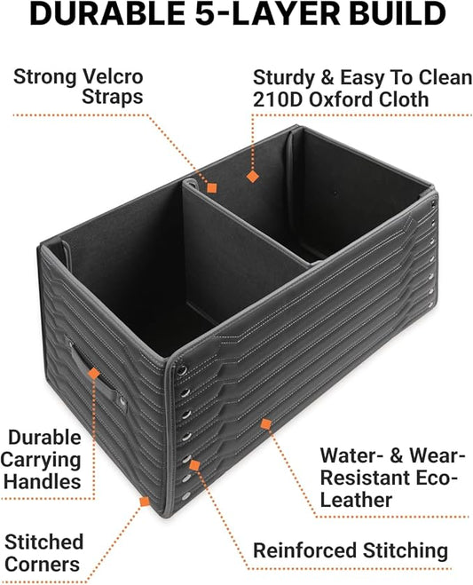 Owleys Trunk Storage 17.7" Collapsible Crate For Groceries, Tools & Travel Gear - Eco-Leather Car Organizer With Magnetic Lid - Practical Birthday Gift For Men (Highway 17)