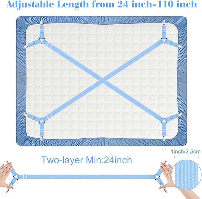 Morcheiong Bed Sheet Fasteners Straps - 4 Pack Adjustable Bed Sheet Holder Strap for Bedding Stays Bedsheet Tie Downs - Blue