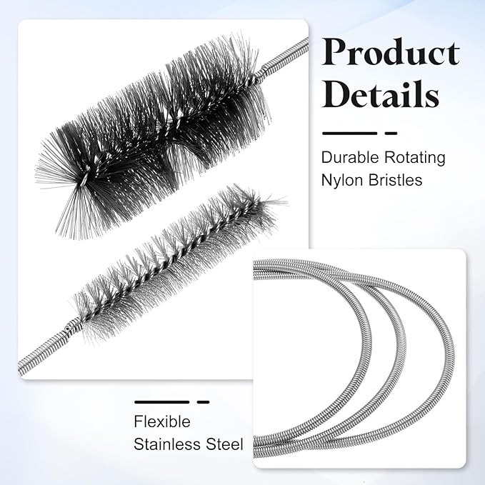 HARFINGTON 3pcs Flexible Long Drain Brush Straw Cleaner Set 35.43" Stainless Steel Double Ended Hose Brush with 8" Nylon Long Tube Pipe Cleaning for Fish Tank Sink Pipe, Black