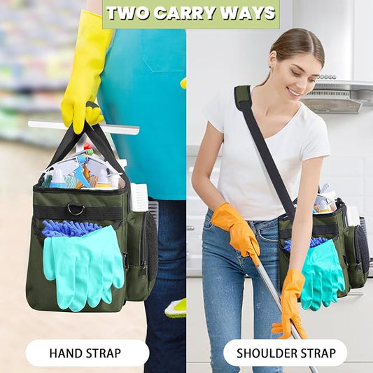 Wearable Cleaning Caddy Bag, Cleaning Organizer with Handles, Cleaning Supply Tote with Adjustable Shoulder Strap for Cleaners & Housekeeper (Green, 13.4'' x 7.3'' x 9.3'')