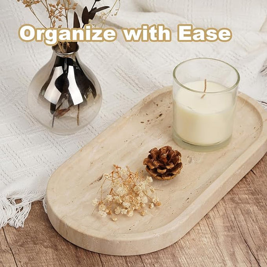 Koville Italian Travertine Tray, 12"x6" Vanity Decorative Marble Tray for Countertop, Catchall for Perfume, Candles, Jewelry Dish