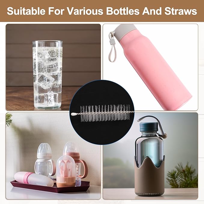 HARFINGTON Straw Cleaner Brush Set, 8 Inch Length 304 Stainless Steel and Nylon Bristles for Water Bottle Silicone Straw Sippy Cup Pipes, White (4mm OD, 10-Piece-Set)