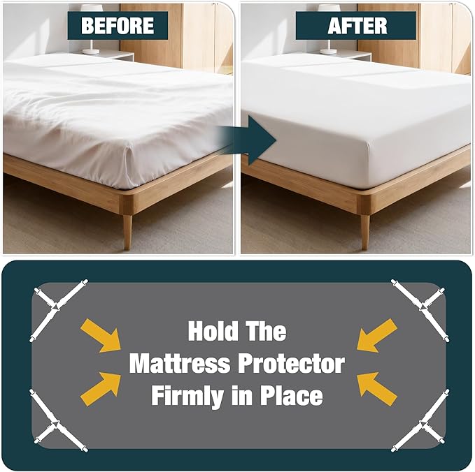 4 Packs Bed Sheet Fasteners, Adjustable Mattress Cover Straps with Metal Clips, Elastic Bed Corner Holders, Non Slip Sheet Clips White